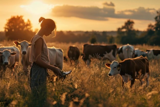 Farmer pouring milk with cow in meadow | Premium AI-generated image