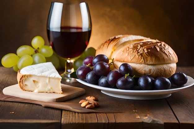 A glass of wine and cheese and a plate of bread with grapes and cheese. | Premium AI-generated image