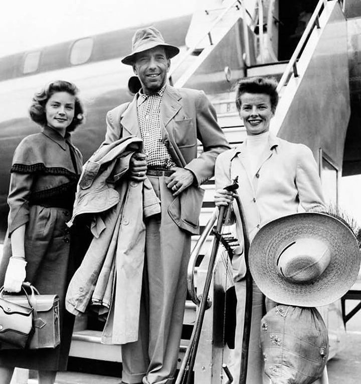 Lauren Bacall, Humphrey Bogart, and Katharine Hepburn arrive to begin  filming “The African Queen” - - - - - - -… | Lauren bacall, Katharine  hepburn, Humphrey bogart