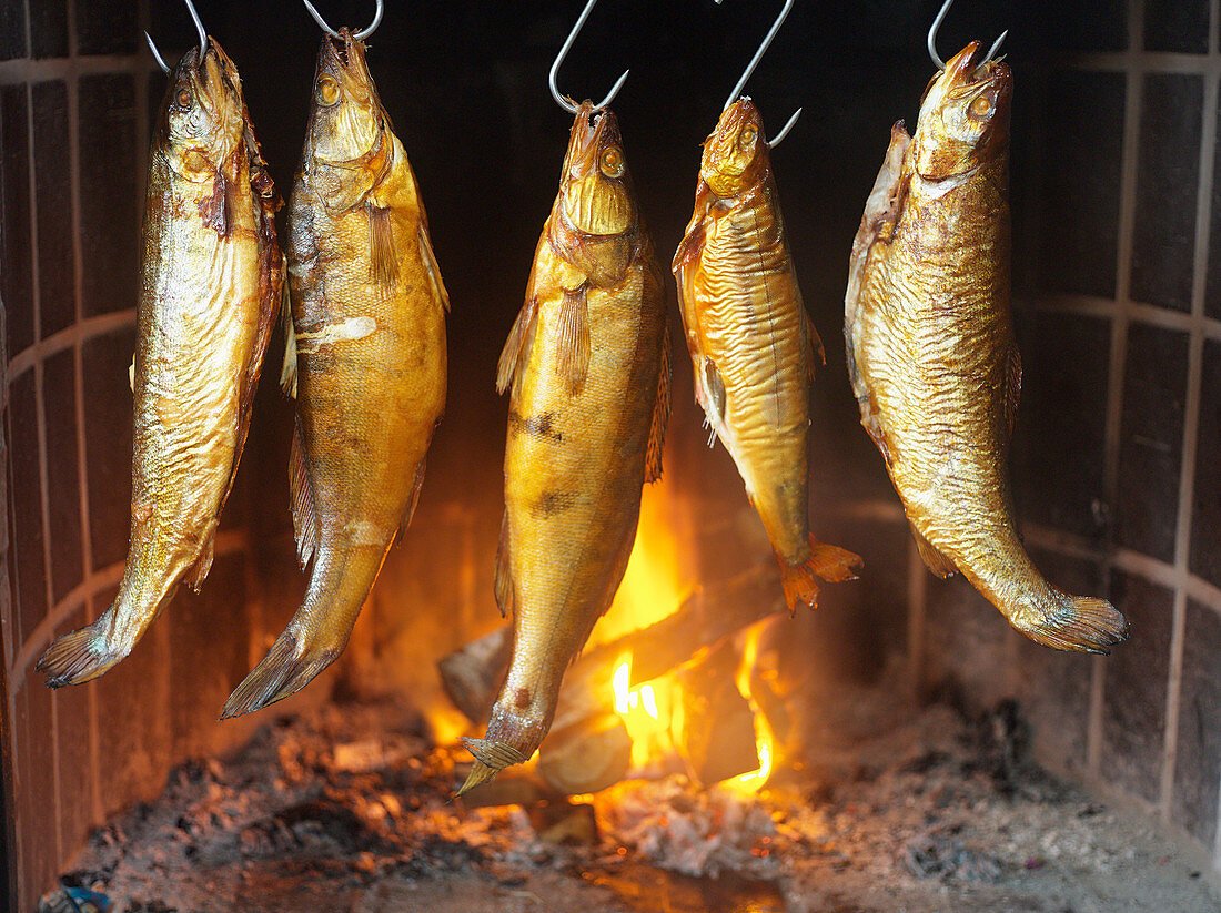 Smoked fish on hooks – License Images – 13176746 ❘ StockFood