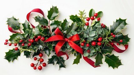Christmas decor with holly ivy white background and red ribbon