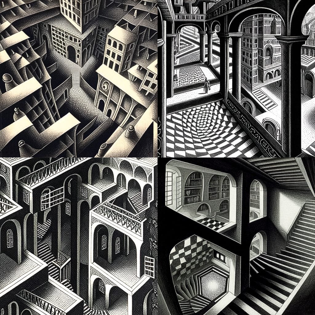 M. C. Escher Midjourney style | Andrei Kovalev's Midlibrary 2.0