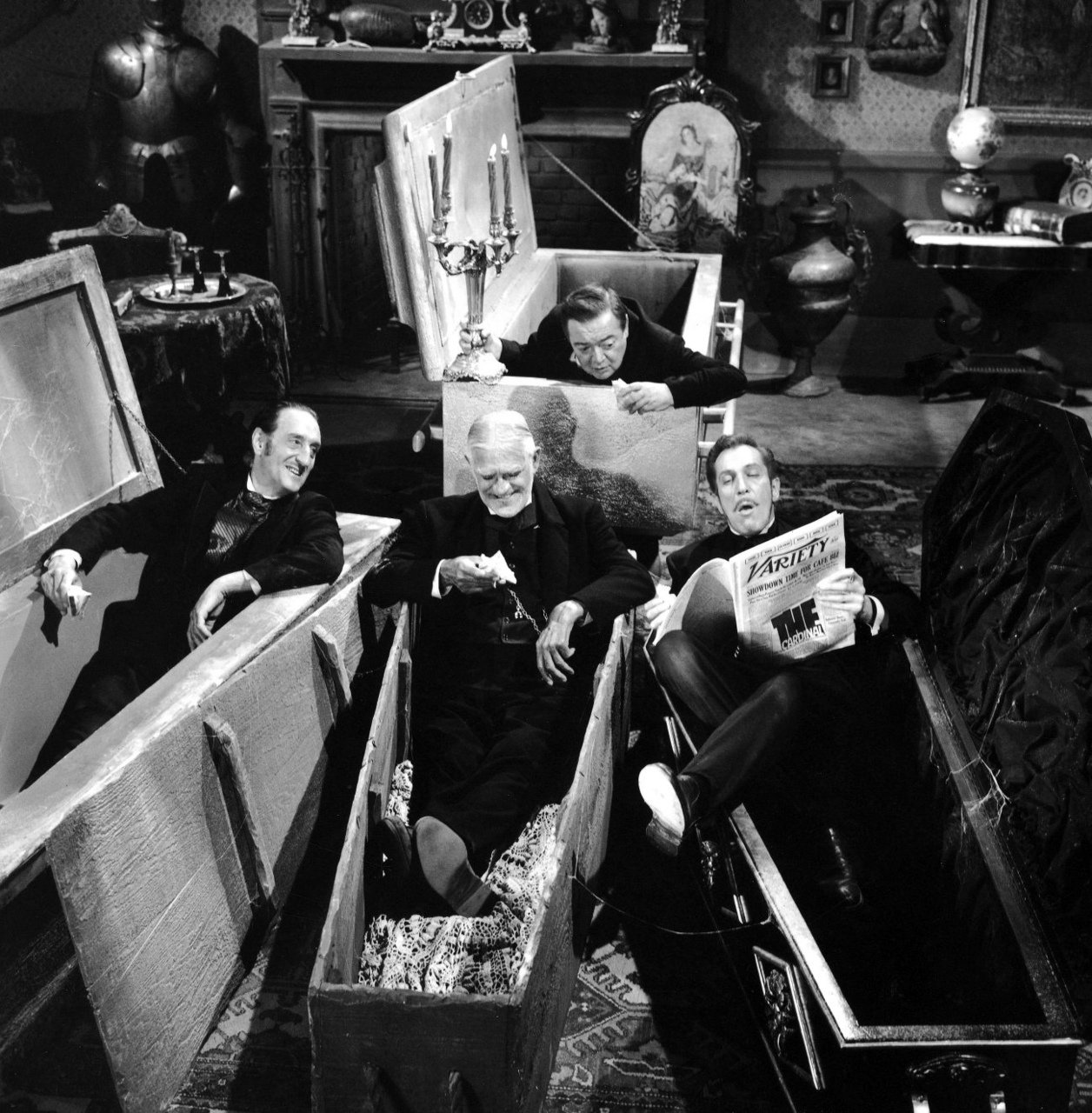 1963) Vincent Price, Basil Rathbone, Boris Karloff, and Peter Lorre in The Comedy of Terrors. – The Year of Halloween